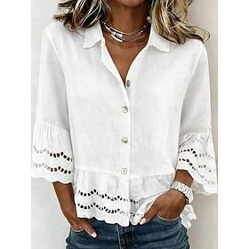 Women's Blouse Buttons Lace Trim Solid Color Elegant Vacation Stylish 3/4 Length Sleeve Shirt Collar Regular Tops Daily Blue White Summer Spring Fall