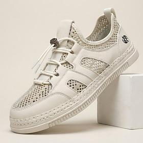Hvide, åndbare, afslappede herresneakers i mesh med udskæringspaneler, lette snøresko til herrer, ideelle til rejser, hverdagsbrug, sommerudflugter og udendørs