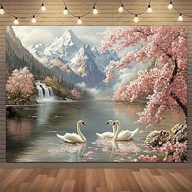Hvid Svanesø Naturlandskab Sneklædte Bjerge Kirsebærblomster Lyserøde Blomster Vandfald Fredfyldt Kulisse Vægtæppe Stor Baggrund til Soveværelse Stue Boligindr