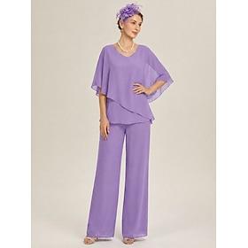 Women's Chiffon Overlay V Neck Wide Leg Pant Set for Wedding and Elegant Occasions