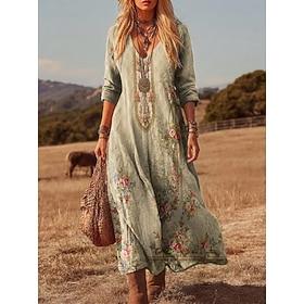 Dame Maxikjole Sommerkjole Ferie Afslappet Boheme Daglig Løstsiddende Grafisk Farveblok Langærmet V-hals Grå Forår Efterår