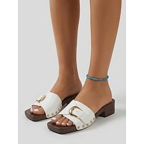 Women's Chic White Slide Sandals - Modern Square Toe Sandals with Large Gold Buckle Wooden Block Sole for Summer Beach Vacations, Island Holidays Resort Wear