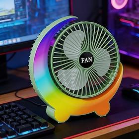 Måneformet bordventilator med regnbue RGB LED-lys, 3-hastigheds stille personlig USB-bordventilator til kontor, soveværelsesnatbord, genopladelig batteridrevet
