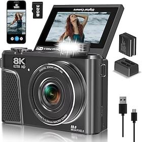 8K Digital Camera for Photography 88MP WiFi Vlogging Camera for YouTube, 18X Zoom 180° Flip Screen Compact Camera with 64GB SD Card, Portable Point and Shoot C
