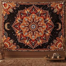 Boho Mandala Wall Tapestry Crescent Moon Starry Night Flower Wall Hanging Burnt Orange Hippie Psychedelic Art Large Fabric Poster for Bedroom Dorm Living Room