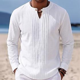 Men's Shirt Linen Shirt Summer Shirt Beach Shirt Solid Color Casual Vacation Blue Black White Khaki Long Sleeve Mandarin Collar Summer Spring Clothing Apparel