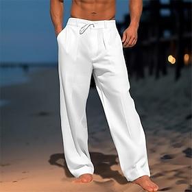 Men's Linen Pants Trousers Summer Pants Beach Pants Drawstring Straight Leg Plain Comfort Breathable Full Length Casual Daily Beach Vacation Fashion Blue Black