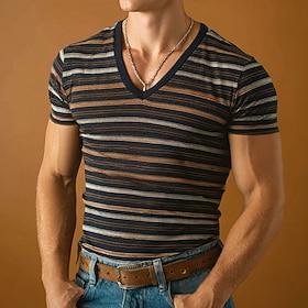 Men's Dark Navy Brown Horizontal Multi Color Stripes Retro Vintage 70s 80s Aesthetic Classic T Shirt Tee All Over Print V Neck Slim Muscle Fit Short Sleeve Dai