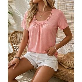 Women's Tunic Buttons Graphic Plain Stylish Short Sleeve Crew Neck Regular Tops Daily White Pink Khaki Gray Summer Spring Fall