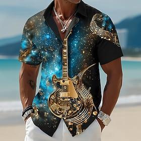 Men's Starry Sky Guitar Musical Instrument Shirt Button Up Shirt Short Sleeve Artistic Vintage Retro Music Festival Holiday Summer Spring Turndown 3D Print Col