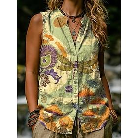 Women's Shirt Cotton Linen Vest Linen Vest Buttons Print Floral Graphic Animal Vintage Stylish Modern Sleeveless Stand Collar Long Tops Casual Daily Yellow Gre