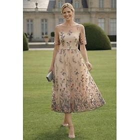 A-Line Dress Ankle Length Party Dress Cocktail Dress Mother of the Bride Dress Short Sleeve Crew Neck Illusion Neck Scoop Neck Elegant Vintage Luxurious Formal