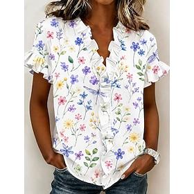 Dame Skjorte Tunika Drapering Blomstret Grafisk Elegant Mode Daglig Kortærmet V-hals Almindelige toppe Afslappet Daglig Blå Sort Lyserød Lilla Sommer Forår