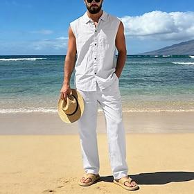 Mand Linned skjorte 2 Dele Skjorte sæt Og Linnedbukser Bukser Casual bukser Sæt Vanlig Daglig udendørs Ferierejse Aftæpning Uden ærmer Sommer Mode Afslappet Be