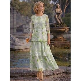 A-linje Gulvlang Ankellængde Formel kjole Kjole til brudens mor 3/4-ærmer Bateau-hals Elegant Årgang Afslappet Formel Chiffon Jacquard med Blomsterprint