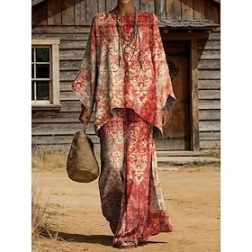 Women's Pants Sets 3/4 Length Sleeve Round Neck Graphic Geometric Print Fashion Streetwear Casual Daily Outdoor Blue Red Green Summer Loose Fit