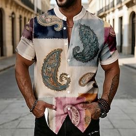 Herre Paisley Patchwork Blomstret mønster Skjorte Button Up skjorte Skjorte med standkrave Kortærmet Etnisk Vintage retro Ferierejse Hverdag Strand Tøj Sommer