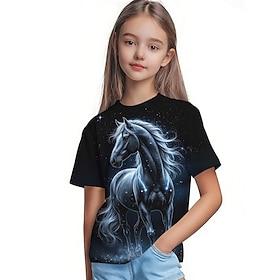Kentucky Derby Unisex 3D Grafisk Hest T-shirt Kortærmet 3D-udskrivning Sommer Forår Sport Mode Gade Børn 7 - 9 år Rund hals Afslappet Daglig udendørs Regulær
