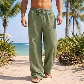 Men's Linen Pants Trousers Summer Pants Baggy Pants Beach Pants Drawstring Elastic Waist Straight Leg Plain Comfortable Breathable Full Length Daily Beach Vaca