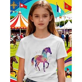 Kentucky Derby Pige 3D Grafisk Hest T-shirt Kortærmet 3D-udskrivning Sommer Forår Sport Mode Gade Børn 4-12 år Rund hals Afslappet Daglig udendørs Regulær