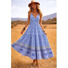 Dame Maxikjole Boho-kjole Sommerkjole Hverdagskjole Etnisk kjole Elegant Boheme Ferie Strand Ferie Stævnemøde Regulær Blomstret Grafisk Uden ærmer V-hals Blå L