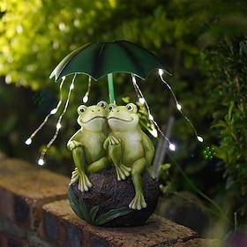 Outdoor Solar Waterproof Resin Frog Couple Figurine Lamp with Umbrella, Decorative LED Stake Light for Garden, Yard, Lawn, Pathway, Patio – Ambient Landscape L
