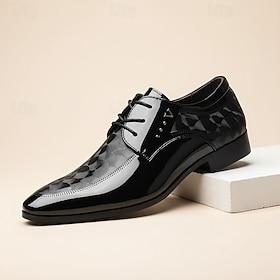 Men's Black and White Patent Leather Oxford Shoes with Geometric Pattern - Classic Dress Shoes for Formal Occasions and Weddings
