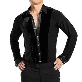 Herre latin ballroom danseskjorte - fløjlssplejsning slim fit langærmede performance toppe til konkurrence