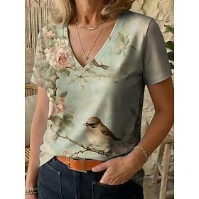 Dame T-shirt Trykt mønster Blomstret Grafisk Årgang Stilfuld Klassisk Kortærmet V-hals Almindelige toppe Afslappet Daglig I-byen-tøj Lilla Grøn Sommer Forår