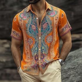 Men's Paisley Floral Print Ethnic Shirt Button Up Shirt Short Sleeve Vintage Retro Streetwear Vacation Summer Spring Turndown 3D Print Collared Shirts Blue Pin