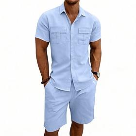 Herre Linned skjorte 2 Dele Skjorte sæt Og Shorts Linneshorts Strandshorts Sæt Vanlig Daglig udendørs Ferierejse Aftæpning Kortærmet Sommer Mode Afslappet Bekv