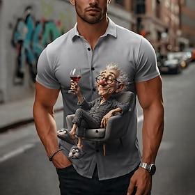 Men's Cartoon Character Drink Old Man Shirt Summer Shirt Button Up Shirt Short Sleeve Funny Vintage Retro Daily Outdoor Vacation Summer Spring Turndown 3D Prin