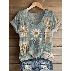 Women's T Shirt Print Floral Graphic Plants Vintage Stylish Classic Short Sleeve V Neck Long Tops Daily Weekend Blue Orange Green White Yellow Pink Summer Spri