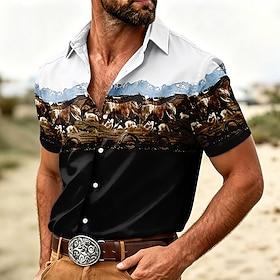 Men's Horse Mountain Shirt Western Shirt Cowboy Shirt Short Sleeve Vintage Retro Outdoor Vacation WorkWear Summer Spring Turndown 3D Print Linen Like Shirt But