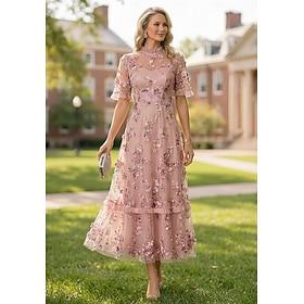 A-Line Dress Ankle Length Tea Length Cocktail Dress Mother of the Bride Dress Short Sleeve Crew Neck High Neck Elegant Luxurious Formal Wedding Guest Semi Form