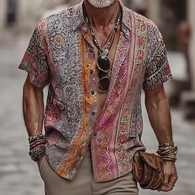 Herre Boheme Etnisk Indviklede blomster Skjorte Button Up skjorte Kortærmet Vintage retro Streetwear Ferierejse Sommer Forår Aftæpning 3D-udskrivning krave skj