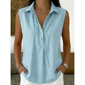 Dame Sommer skjorte Polo skjorter Knapper Helfarve Vanlig Årgang Stilfuld Uden ærmer Knaphul Lange toppe Afslappet Hvid Gul Lyserød Himmelblå Sort Sommer