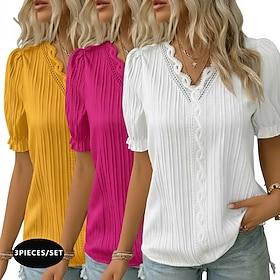 multipakker 3 stk. damebluse med tekstur, t-shirt, t-shirt top, blonder, patchwork, ensfarvet, moderigtig, klassisk, kortærmet, v-hals, normal, toppe, afslappe