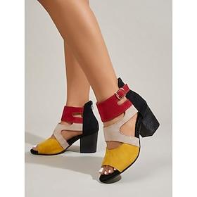 Farverige damesandaler i ruskind - livlige patchwork-blokhæl med ankelrem til sommerferier, daglig streetstyle boheme resorttøj