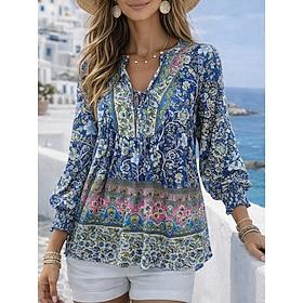 Women's Blouse Print Graphic Geometric Vintage Daily Stylish Long Sleeve V Neck Regular Tops Casual Daily Blue Yellow Orange Green Khaki Summer Spring