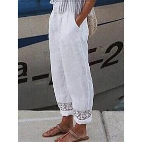 Women's 100% Cotton Pants Trousers Casual Daily Full Length Natural Plain Drawstring Side Pockets Cut Out Breathability Comfortable Inelastic Going out Weekend