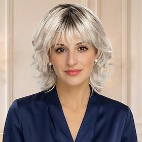 Chic Short Bob Synthetic Wig for Women - Platinum Blonde with Dark Roots, Soft Waves and Fringe