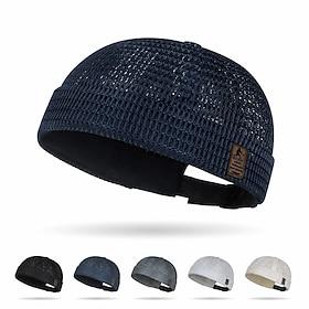 Men's Breathable Brimless Docker Hat Lightweight Mesh Skull Cap Summer Hat with Leather Patch, Hollow Grid Ventilation, Unisex Hip Hop Style Outdoor Sun Hat