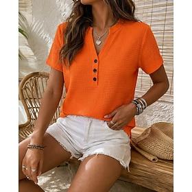 Dame Skjorte Vaffelskjorte Årgang Stilfuld Uden ærmer Kortærmet V-hals Lange toppe Daglig Arbejde Ferie Orange Sommer Forår