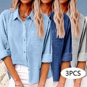 Multi Packs 3pcs Women's Shirt Button Up Blouse Long Cotton Top Pocket Buttons Solid Color Vintage Fashion Stylish Long Sleeve Shirt Collar Regular Tops Casual