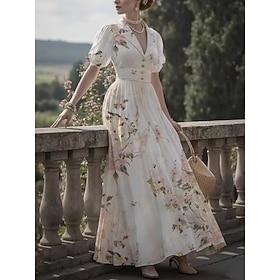 Dame Maxikjole A Linje Kjole Afslappet udendørs I-byen-tøj Regulær Blomstret Kortærmet V-hals Lyserød Lilla Abrikos Sommer Forår