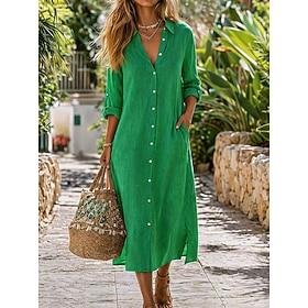 Women's Midi Dress Cotton Linen Dresses Shift Dress Basic Daily Loose Fit Plain Long Sleeve Shirt Collar Black White Light Brown Orange Summer Spring Fall