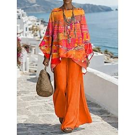 Women's Pants Sets 3/4 Length Sleeve Round Neck Graphic Geometric Print Fashion Streetwear Casual Daily Outdoor Blue Yellow Orange Summer Loose Fit
