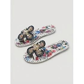 Women's Floral Print Slide Sandals, Beaded Butterfly Embellished Flat Slides for Vacation Dinner, Resort Evenings Summer Parties