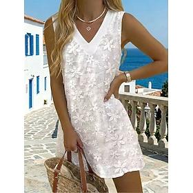 Women's Mini Dress White Lace Dress Elegant Fashion Beach Vacation Holiday Regular Fit Floral Sleeveless V Neck White Summer Spring